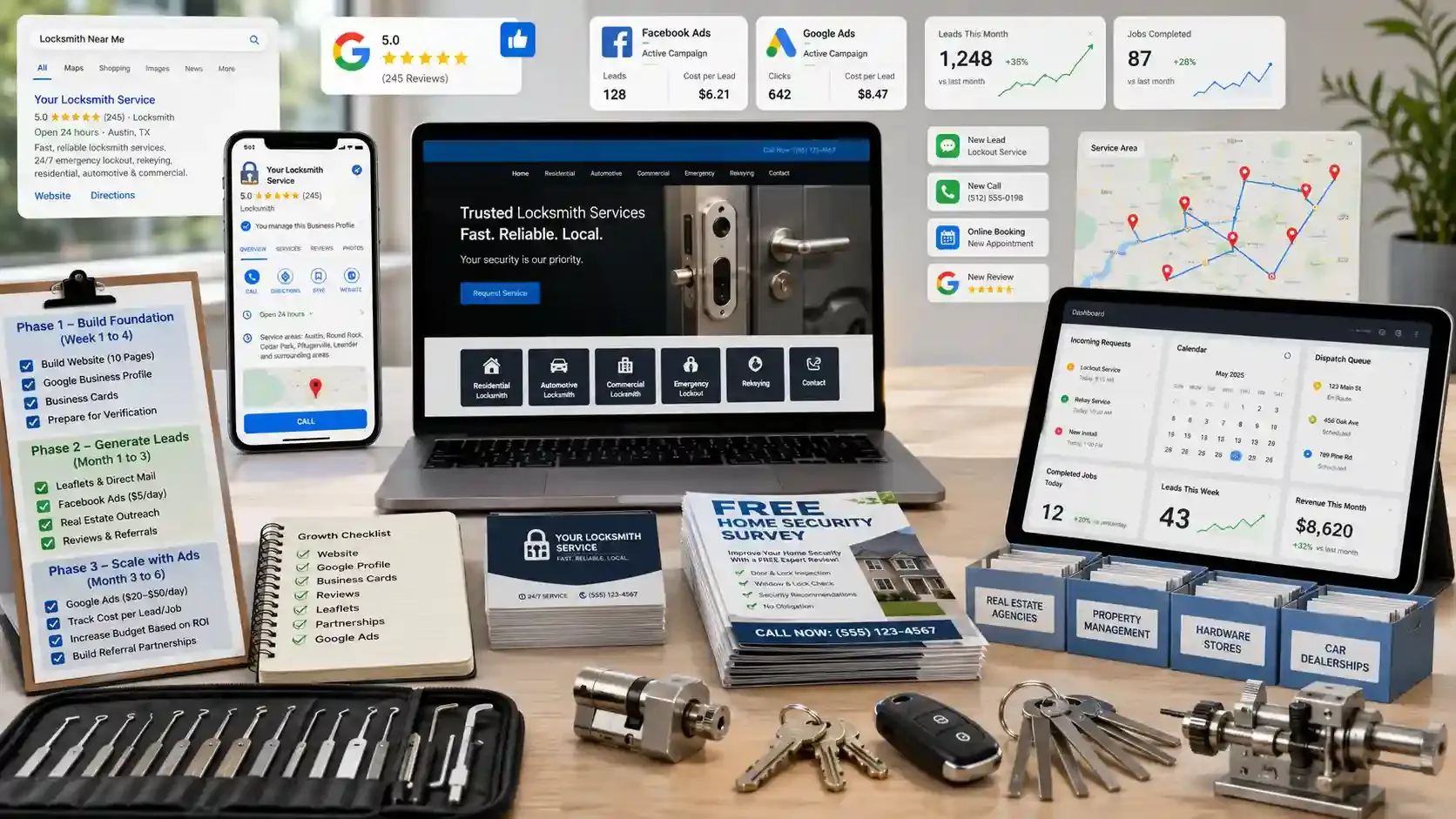 Locksmith customer acquisition setup with website, Google profile, and marketing