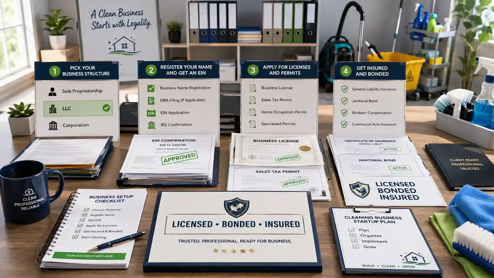 Cleaning business licensing workflow with permits, insurance, and setup docs