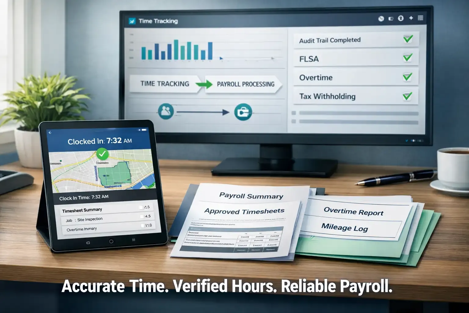 GPS time tracking and payroll dashboard with audit documents