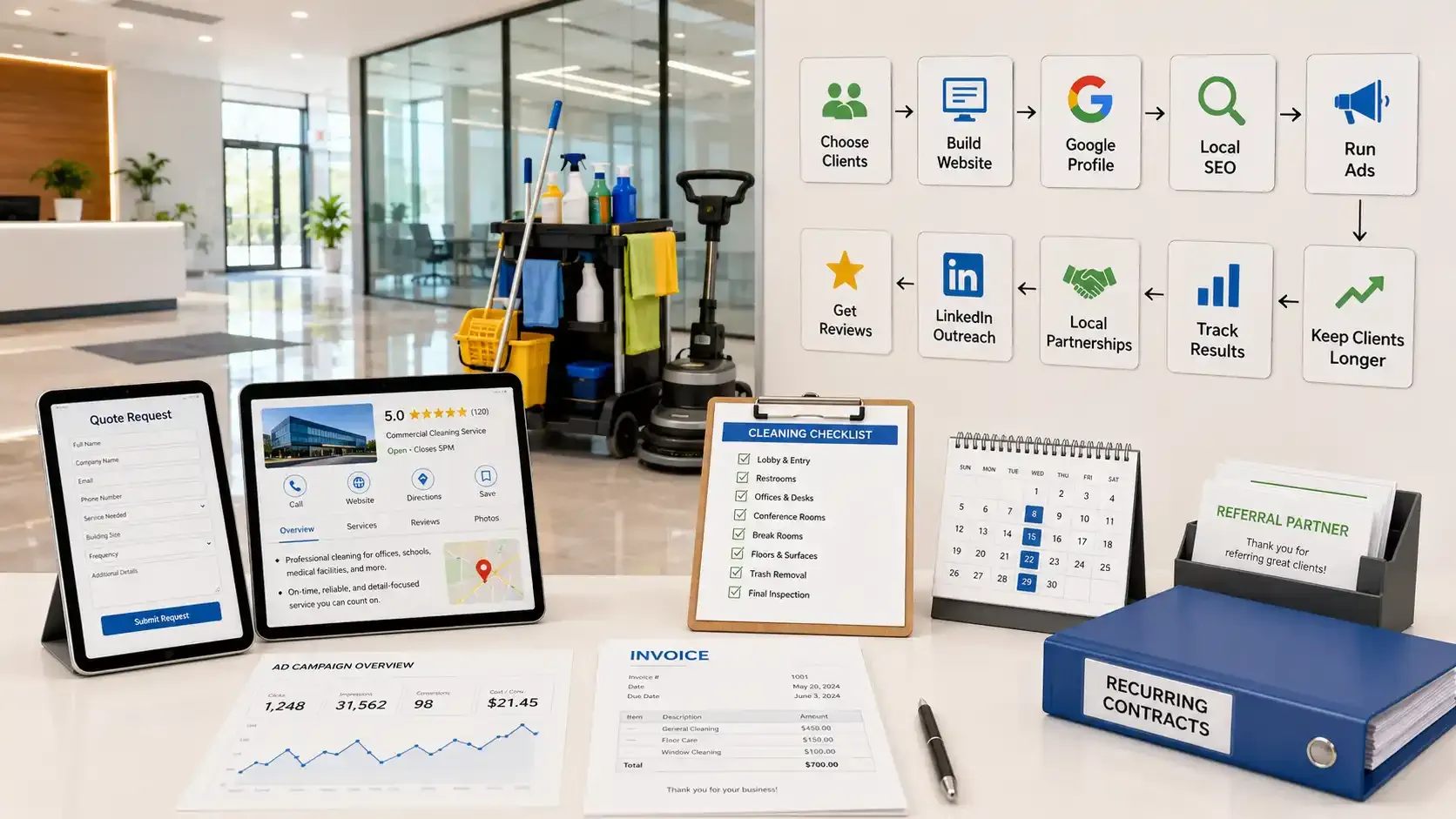 Janitorial marketing workflow in a clean office with tools and charts