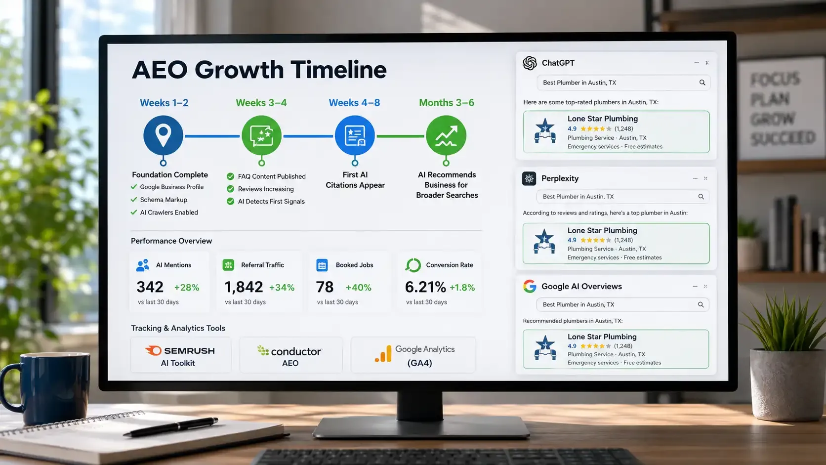 AEO growth timeline dashboard showing AI visibility milestones for home services 