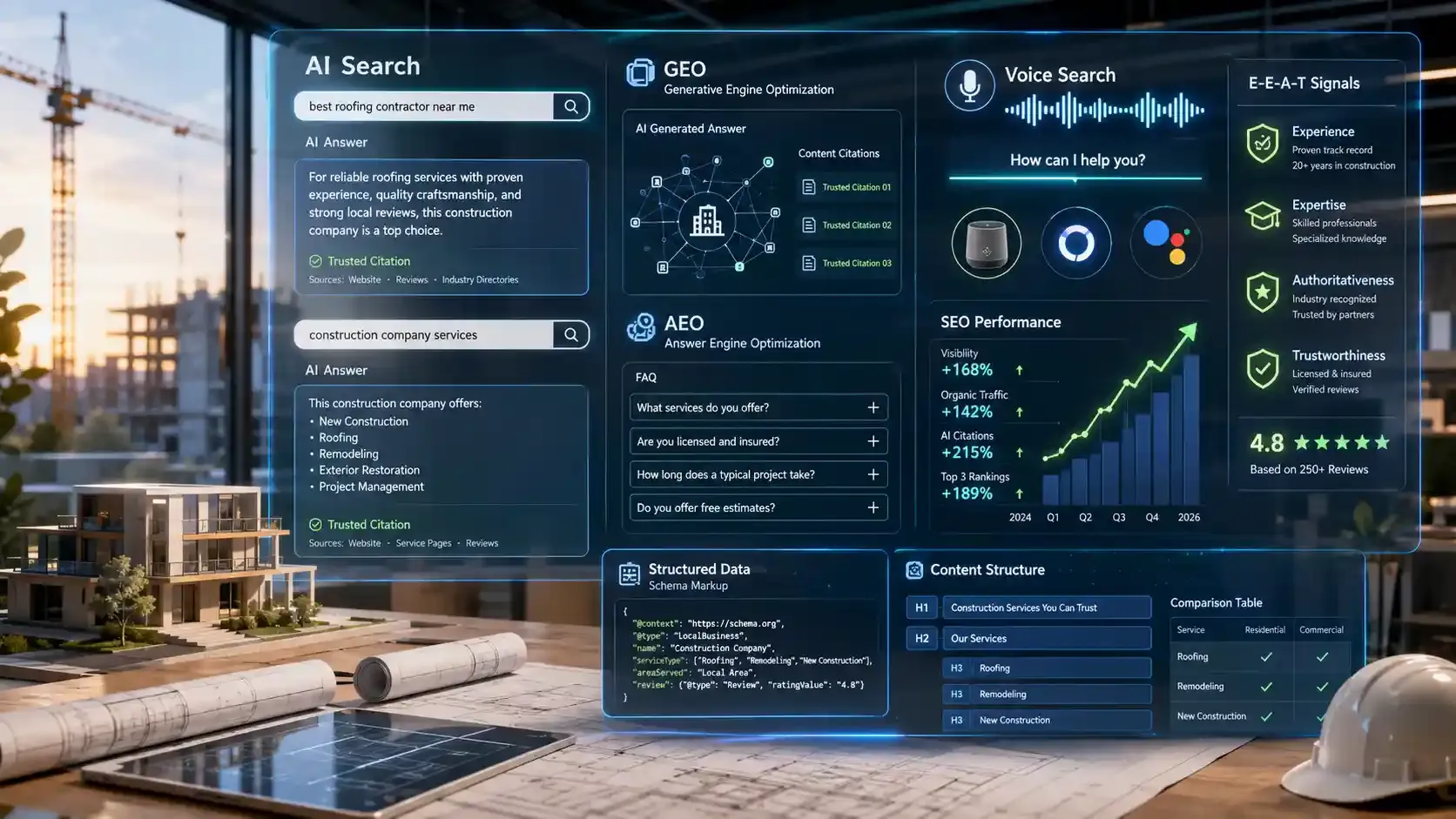 Futuristic construction SEO dashboard showing AI and voice search optimization in 2026 