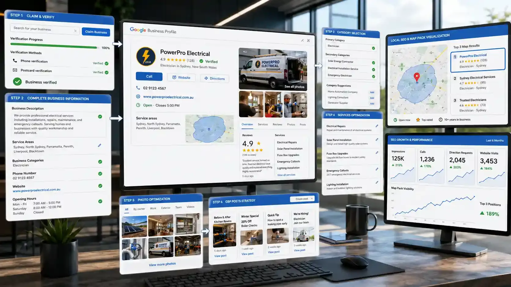Google Business Profile SEO dashboard in modern office with analytics panel