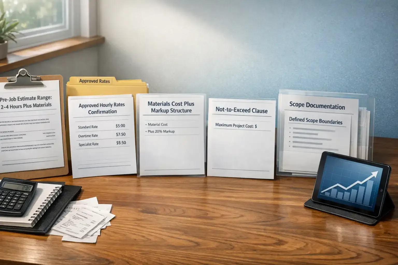 Structured Time and Materials workflow documents on office desk