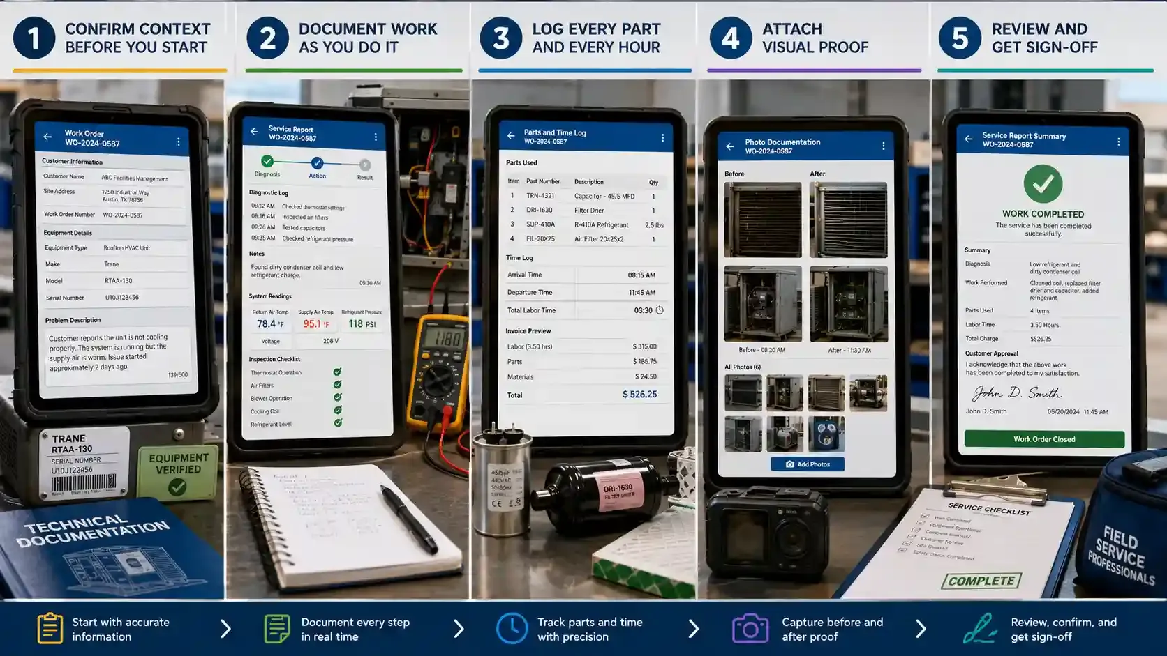 Step-by-step field service report workflow with tools and proof photos 
