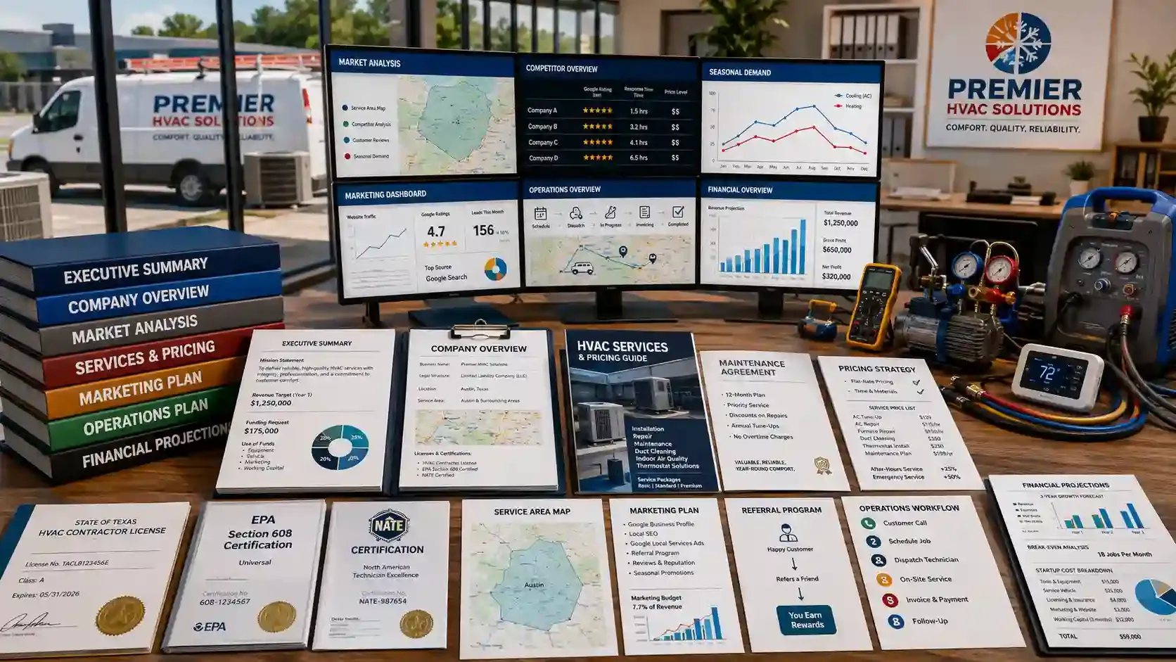 HVAC business planning workspace with operations, finance, and tools