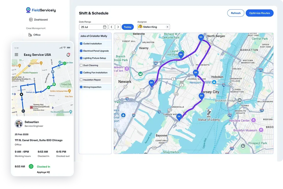 Field service dashboard and mobile app showing optimized technician routes