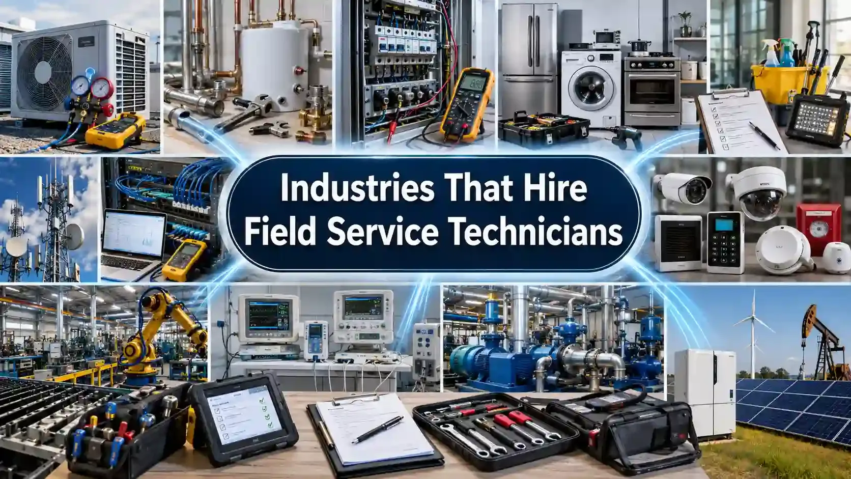 Field service industries with tools, HVAC, networks, and equipment