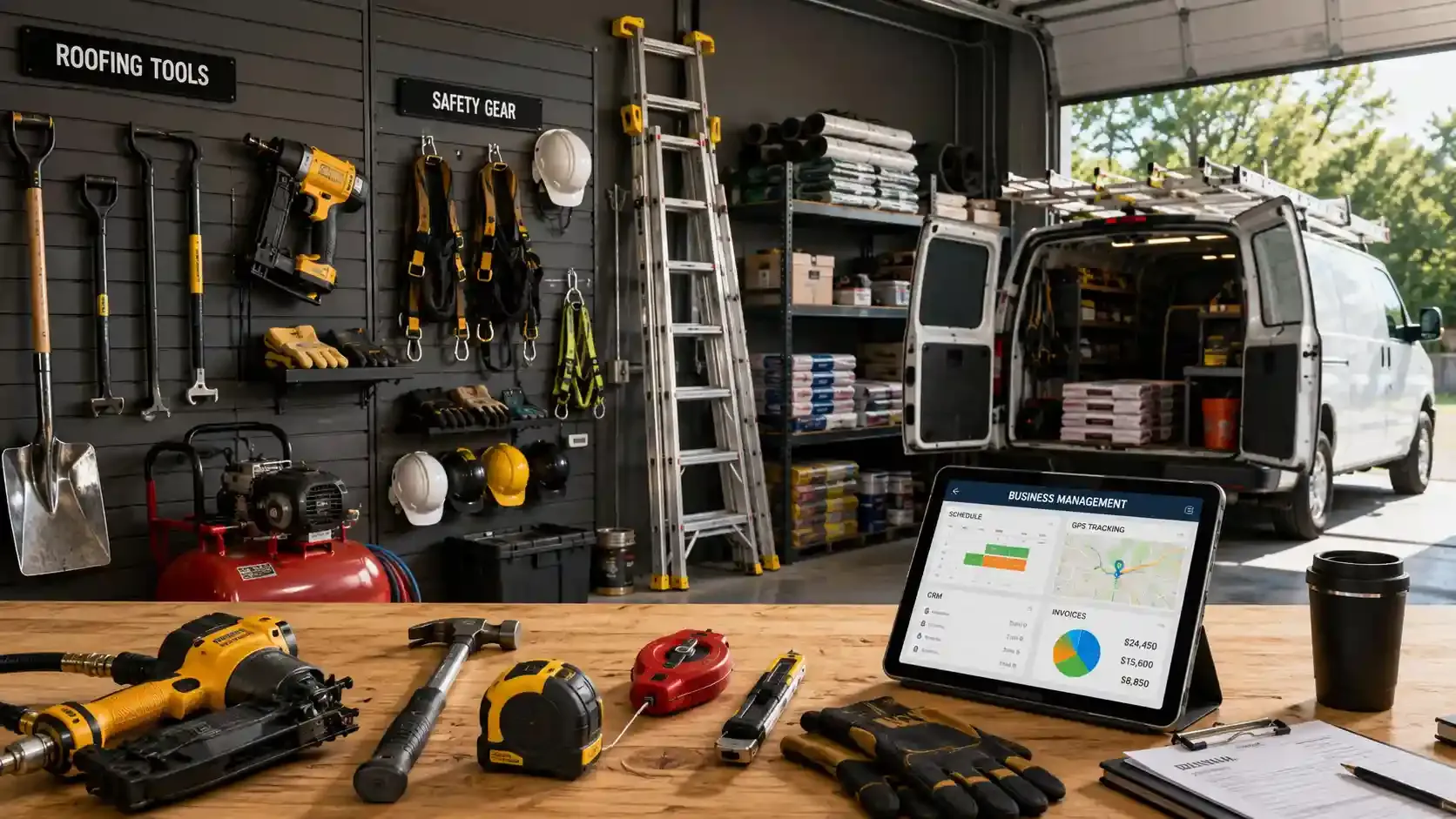 Organized roofing tools, safety gear, van, and business dashboard in the workshop