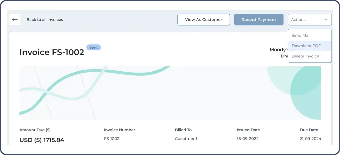 Actions for invoices created with FieldServicely include Send Mail, Download PDF and Delete option.
