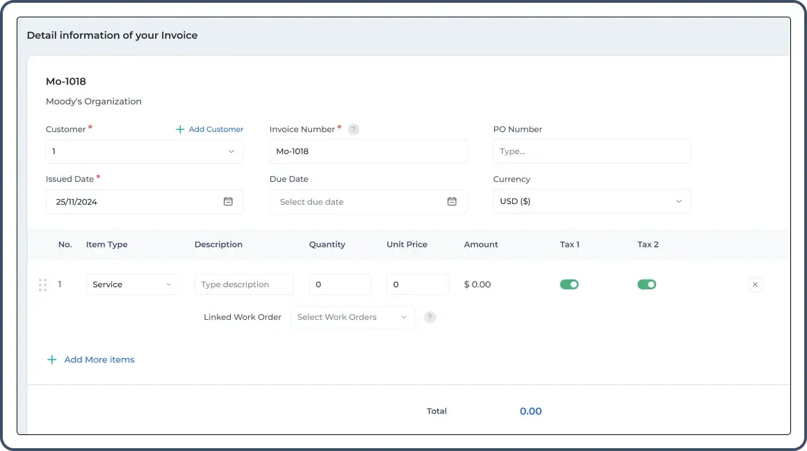 An invoice form showing customer details, invoice fields, itemized services, and calculated totals.