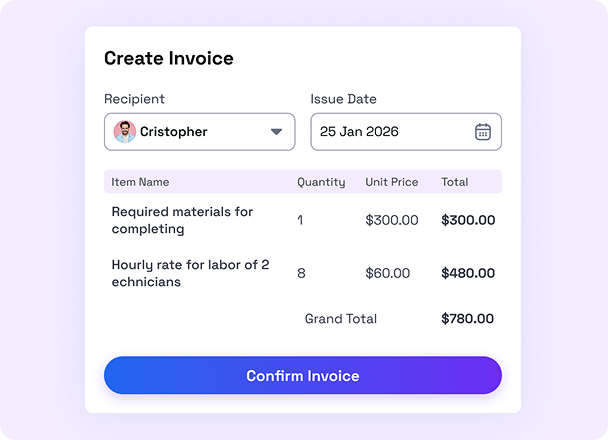 Create invoice UI with recipient, issue date, line items, totals, Confirm Invoice button