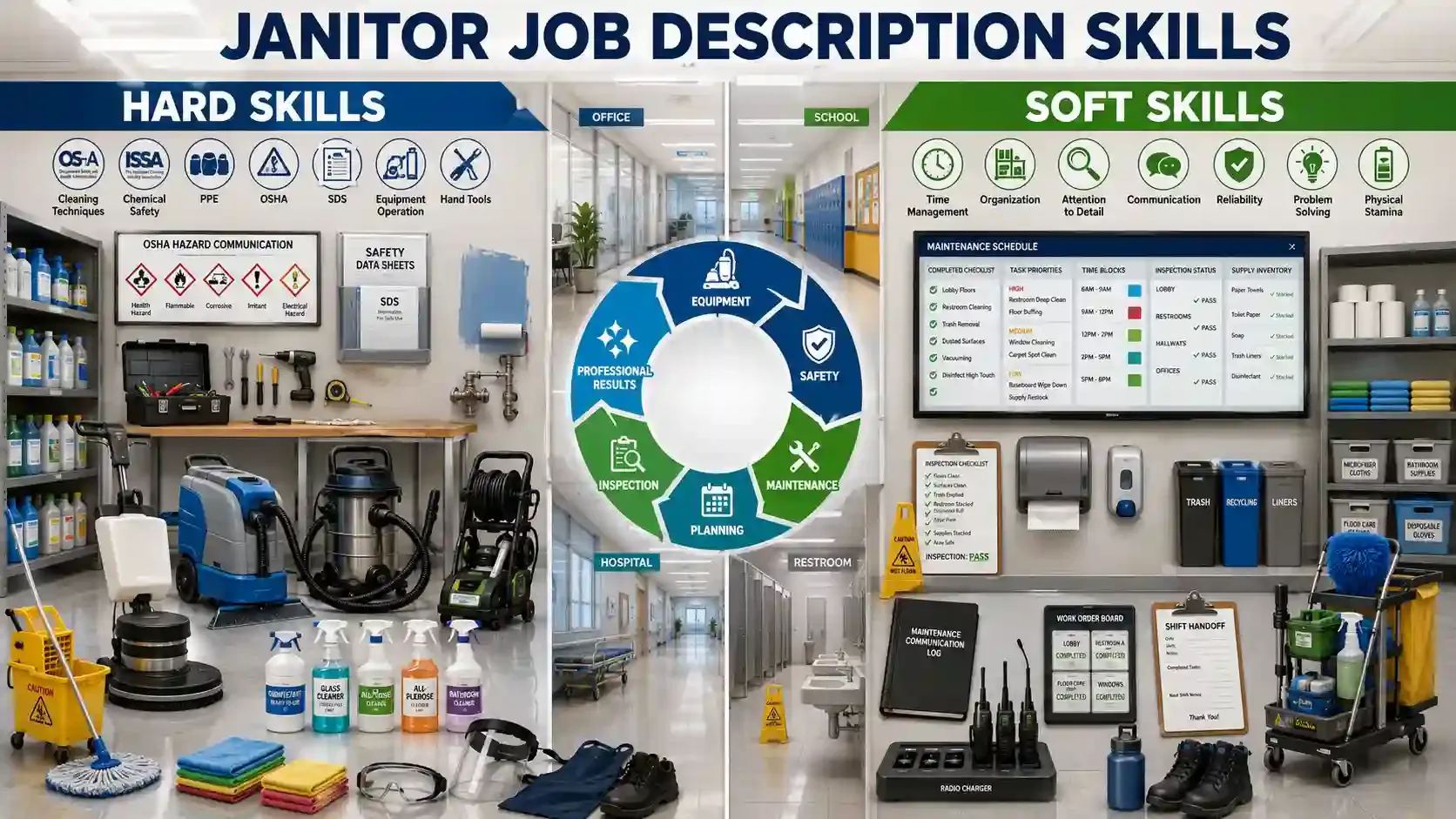 Janitor hard and soft skills infographic with tools, safety, and planning