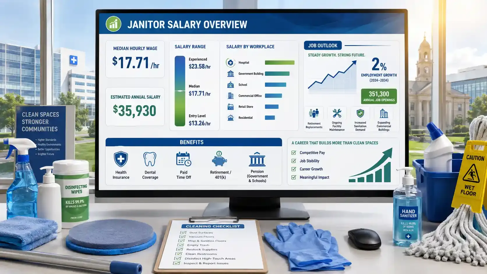 Janitor salary dashboard with cleaning tools and job outlook infographic