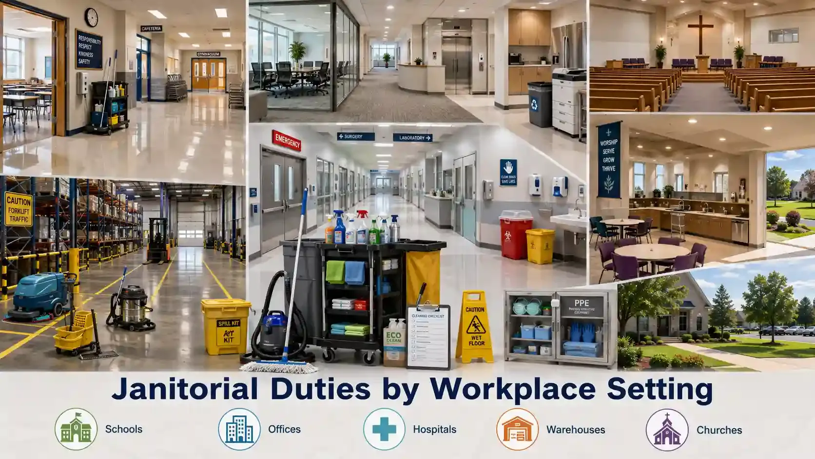 Janitorial duties across schools, offices, hospitals, warehouses, churches