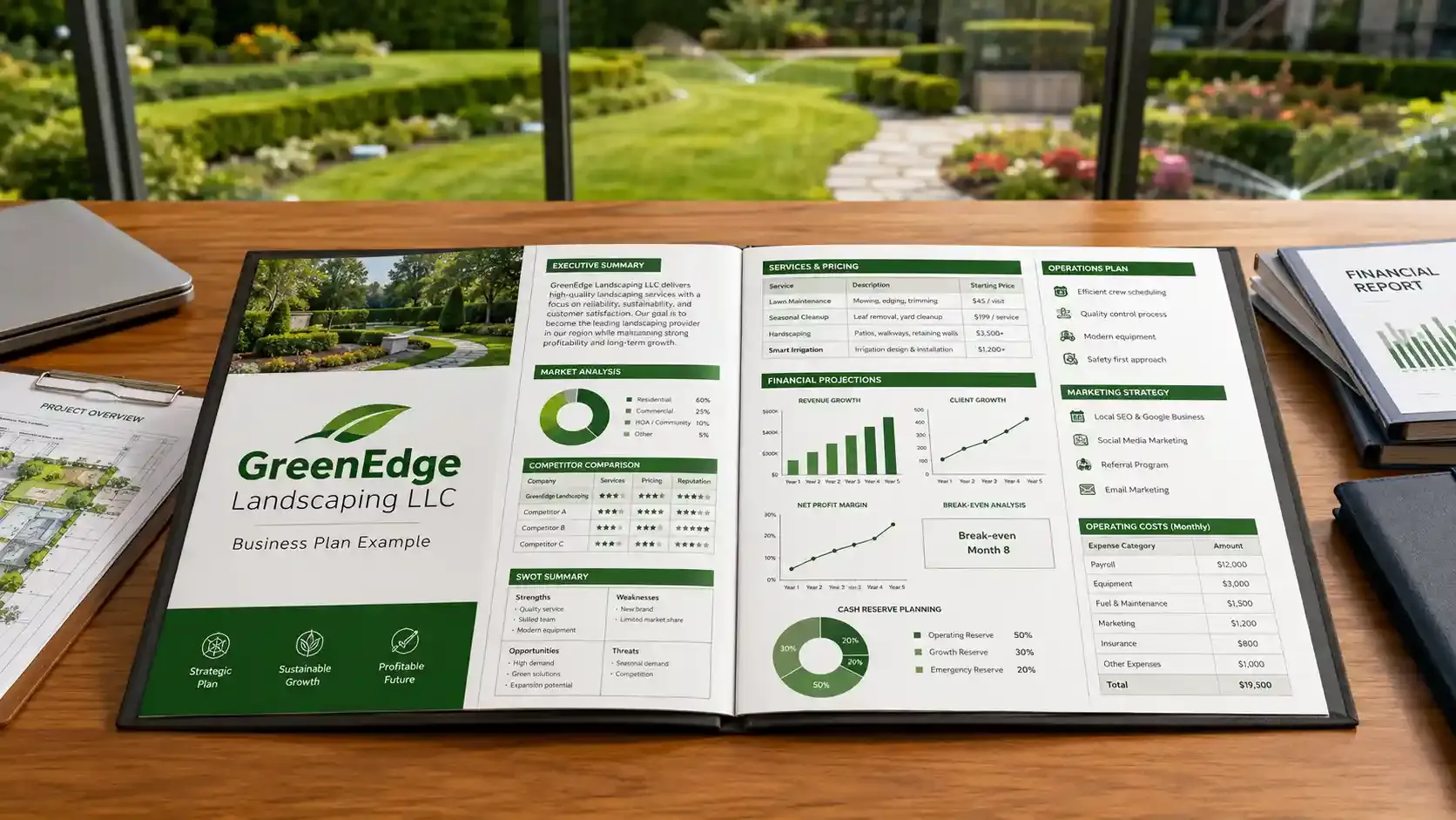 Landscaping business plan with financial charts on a modern office desk 