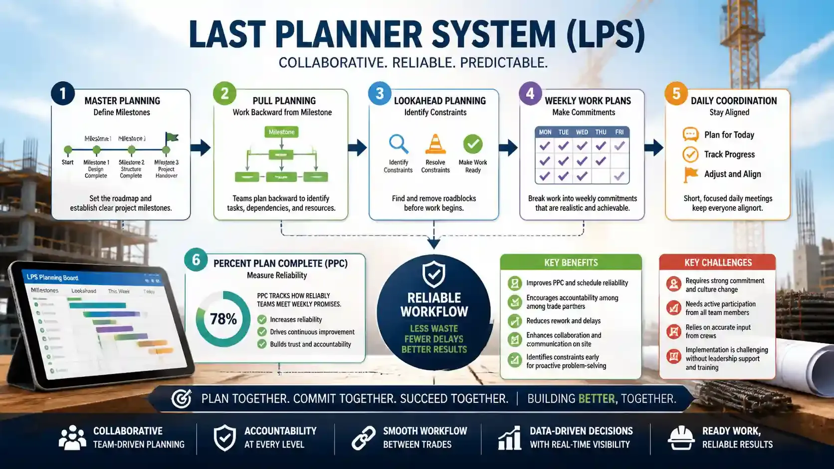 Infographic of Last Planner System showing workflow, planning steps, and PPC metrics.