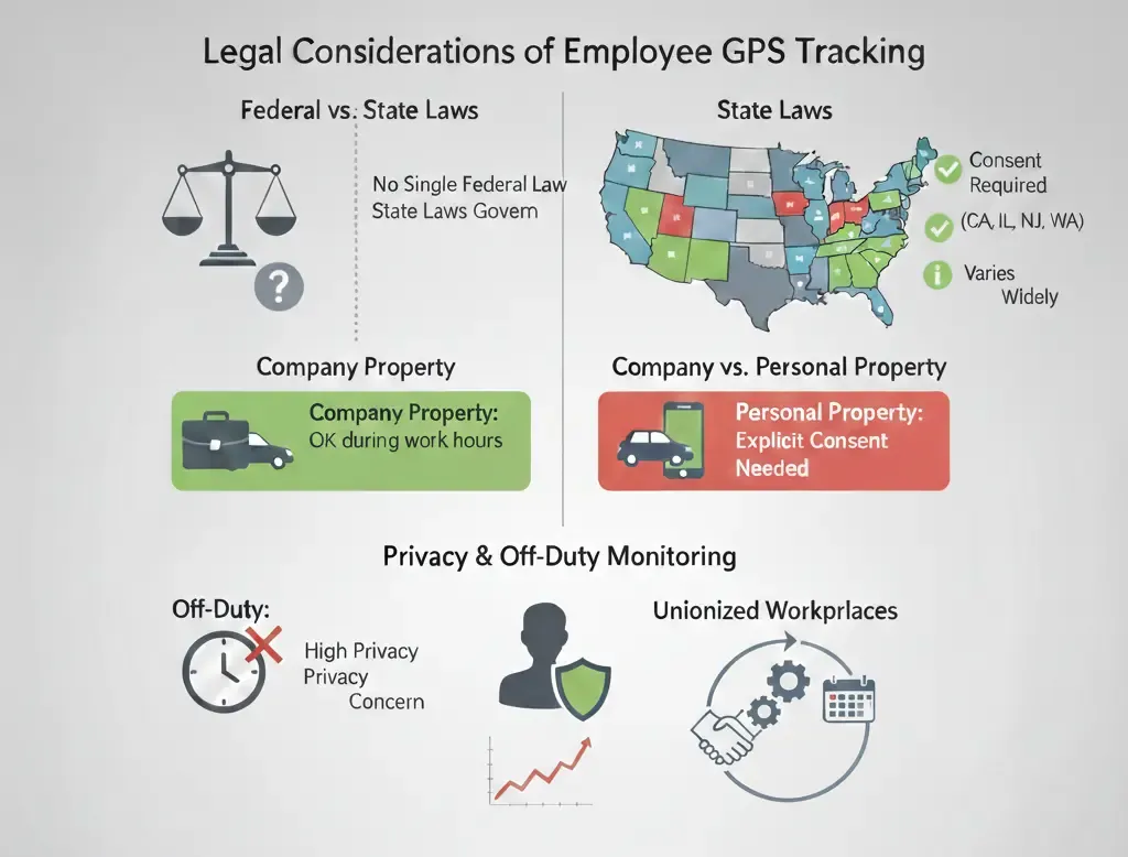 GPS tracking legalities" infographic showing US map, laws, and privacy icons