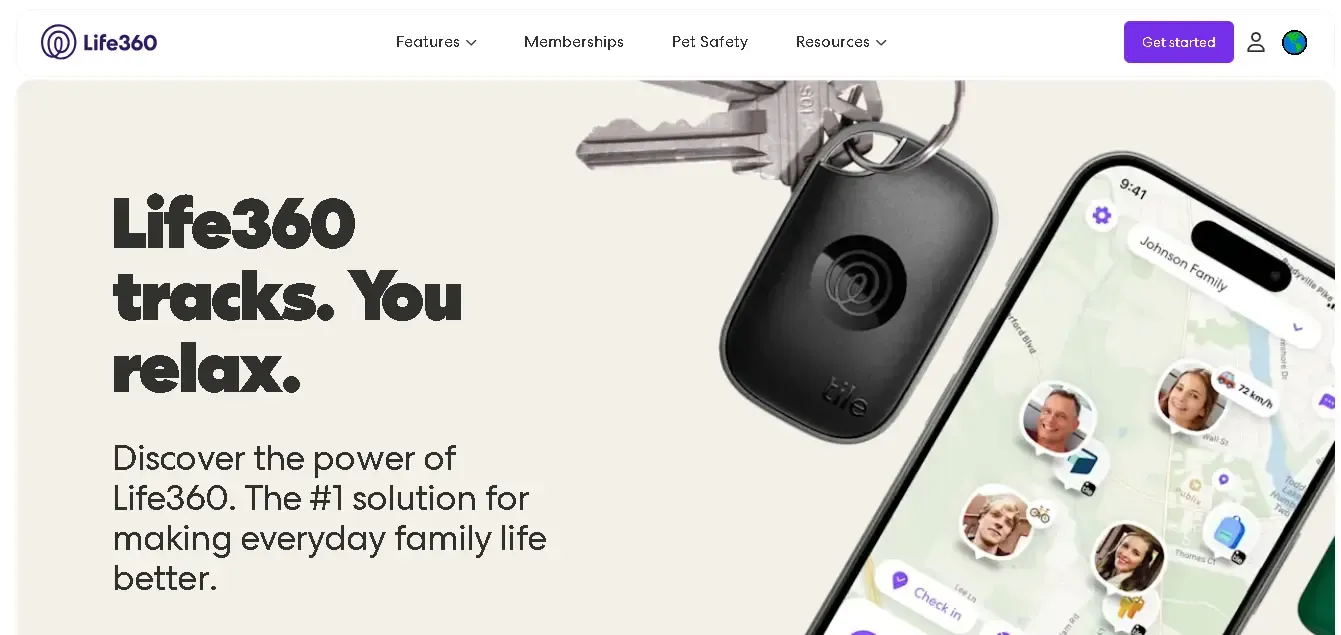Life360 website hero section for family location sharing and safety tracking