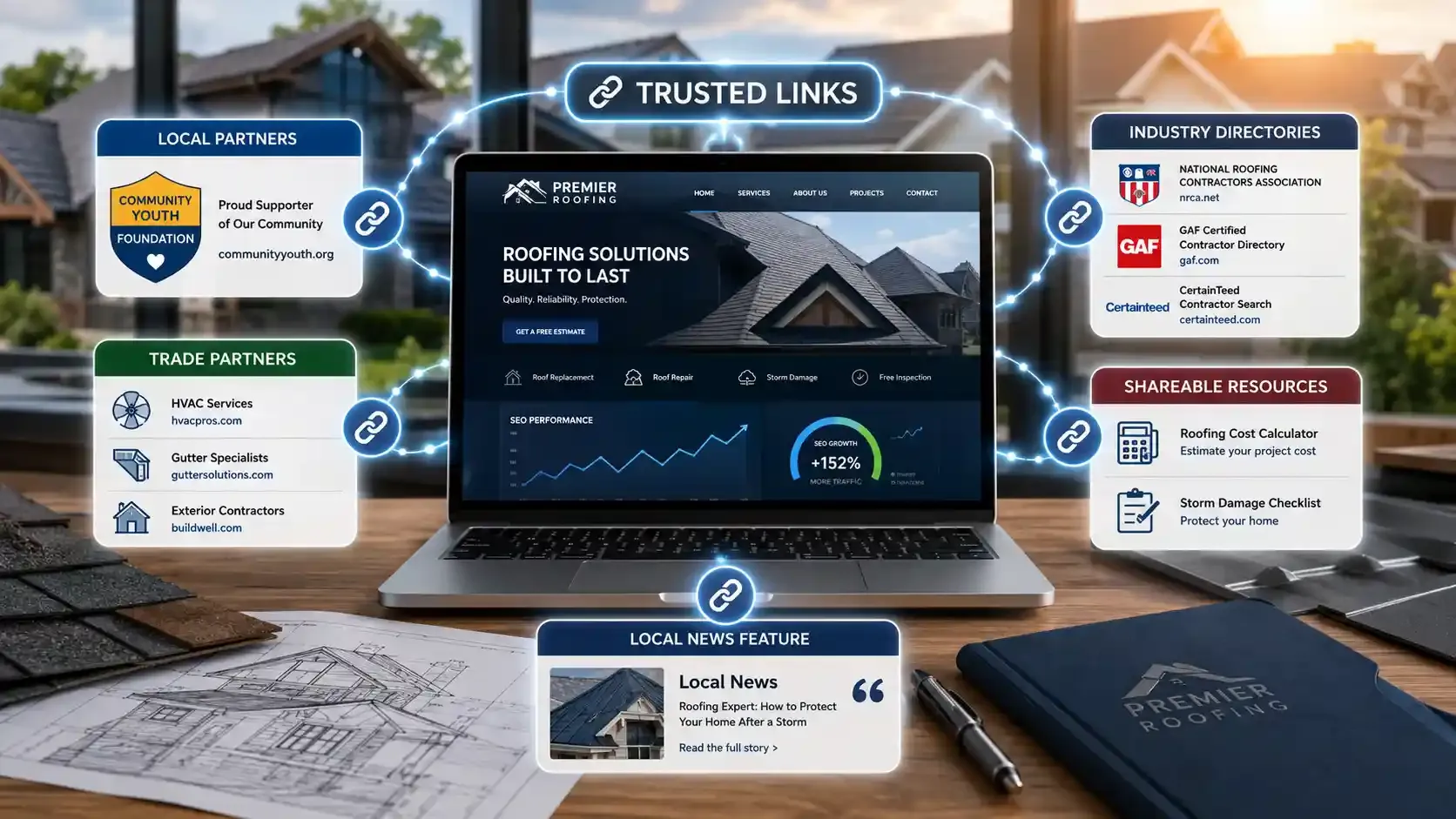 Roofing SEO link-building strategy with trusted website connections and partnerships.