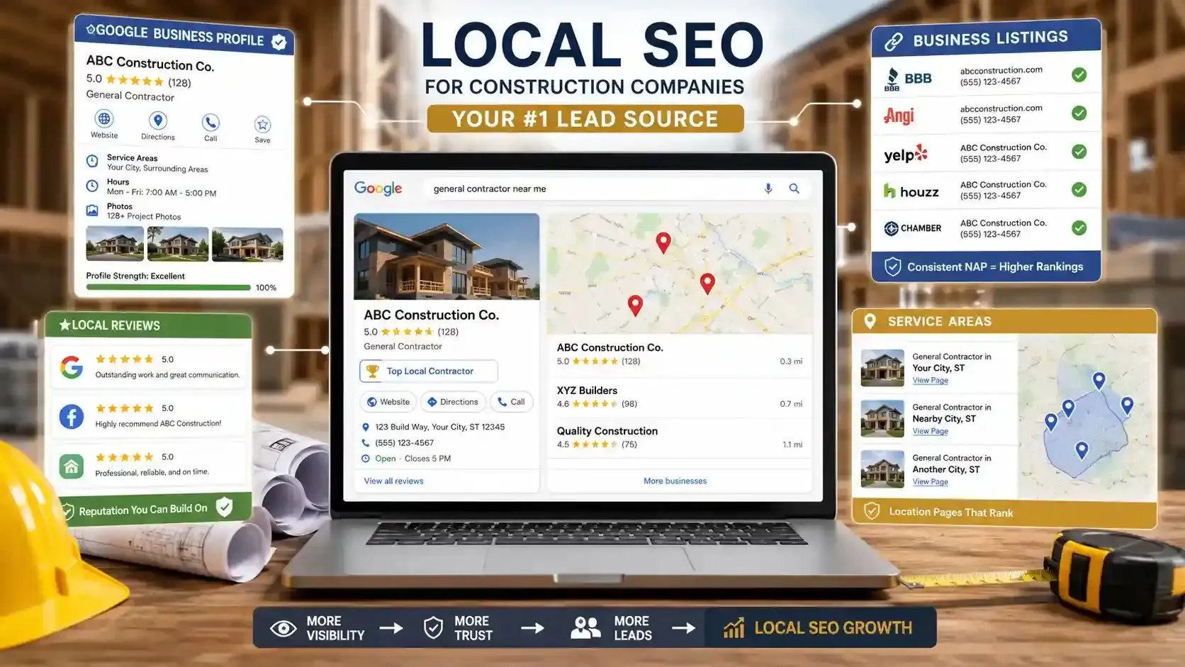 Local SEO strategy dashboard for a construction company with maps, reviews, and listings