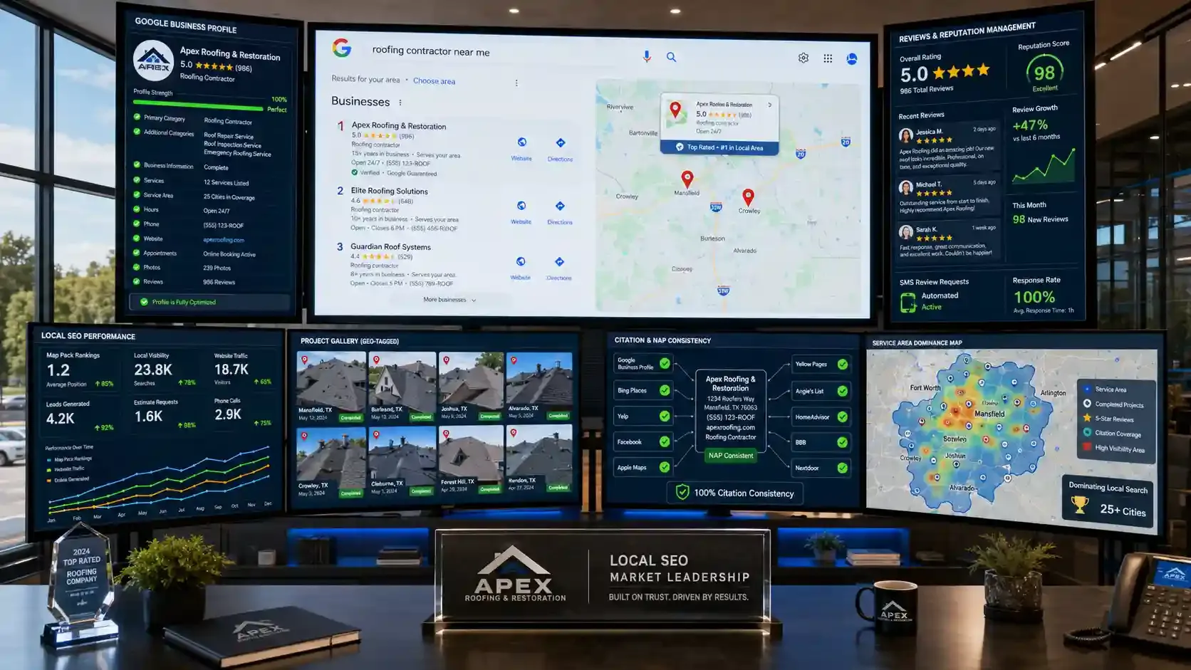 Modern roofing SEO command center with analytics dashboards and Map Pack data