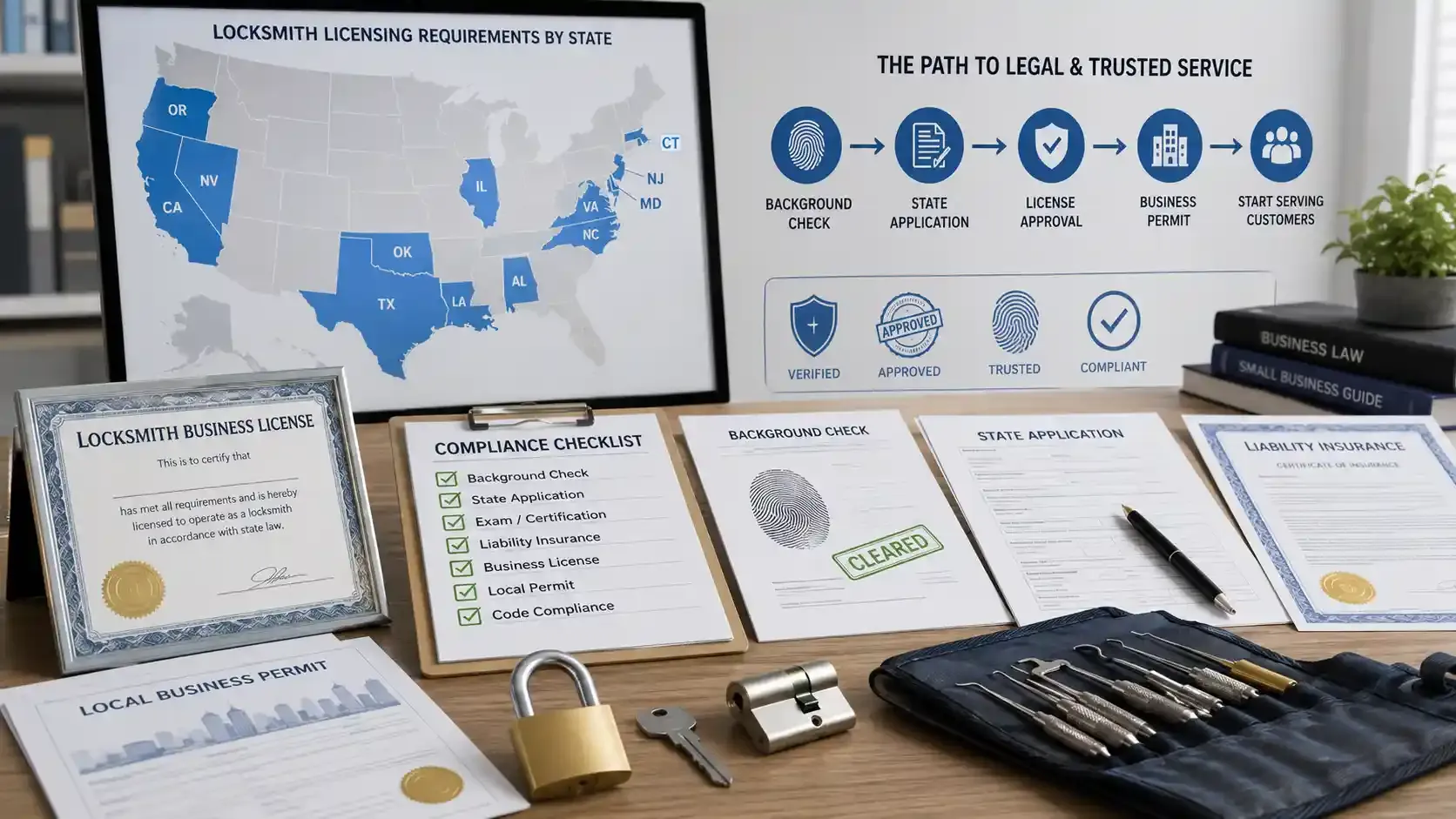 Locksmith licensing documents, compliance checklist, and U.S. license map