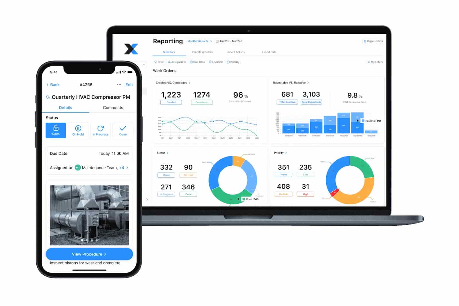 MaintainX dashboard on desktop and mobile