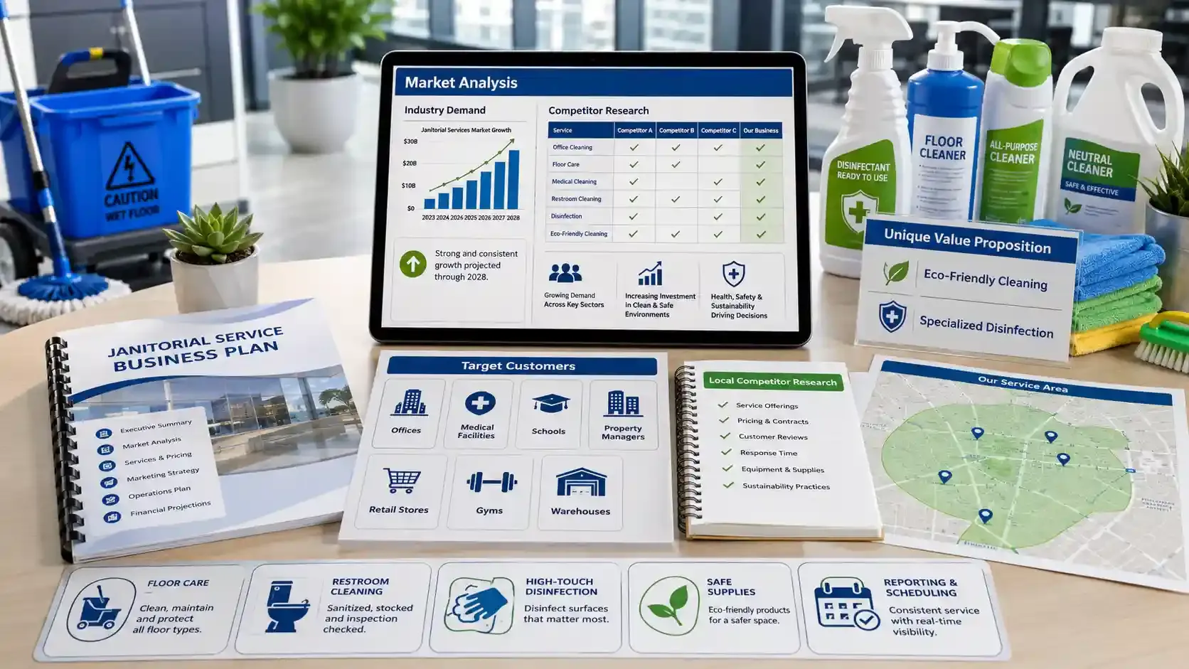 Janitorial market analysis plan with charts, map, and cleaning supplies