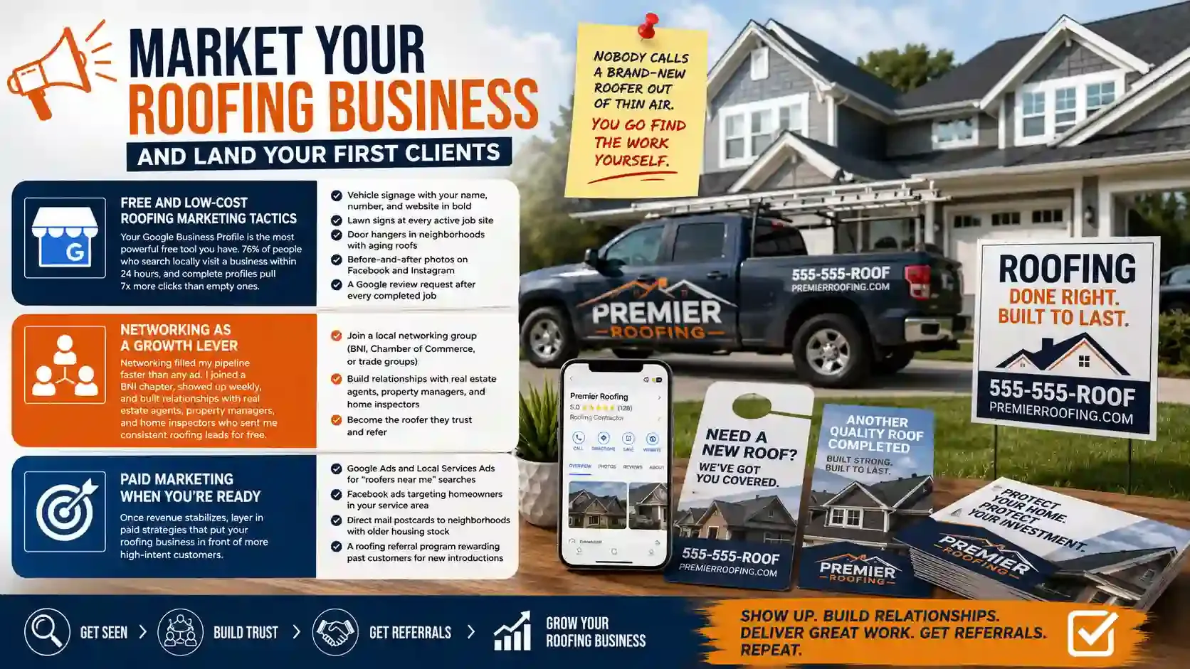 Roofing business marketing infographic with signs, reviews, and growth tactics.