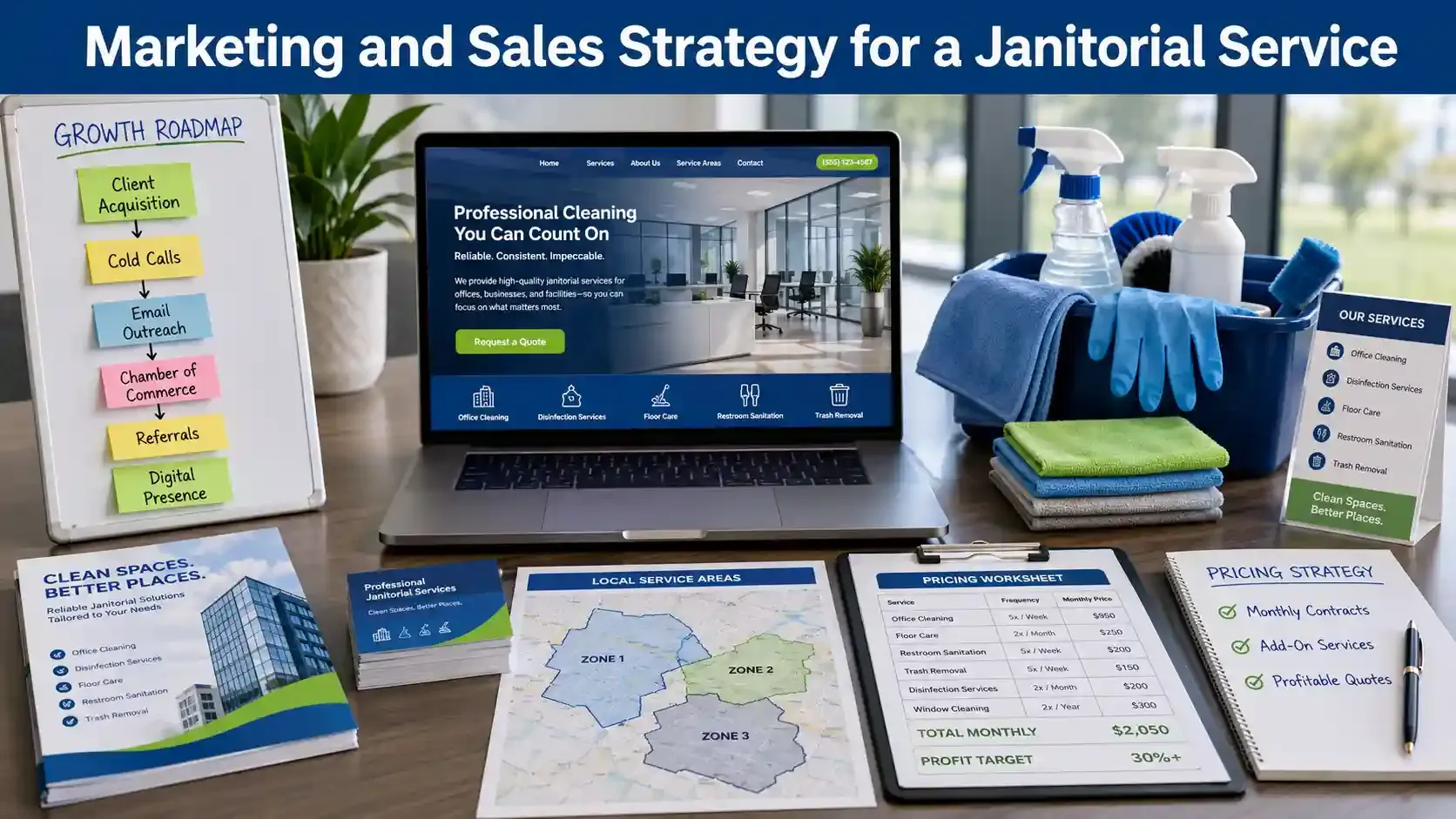 Janitorial marketing plan with website, pricing sheet, map, and supplies