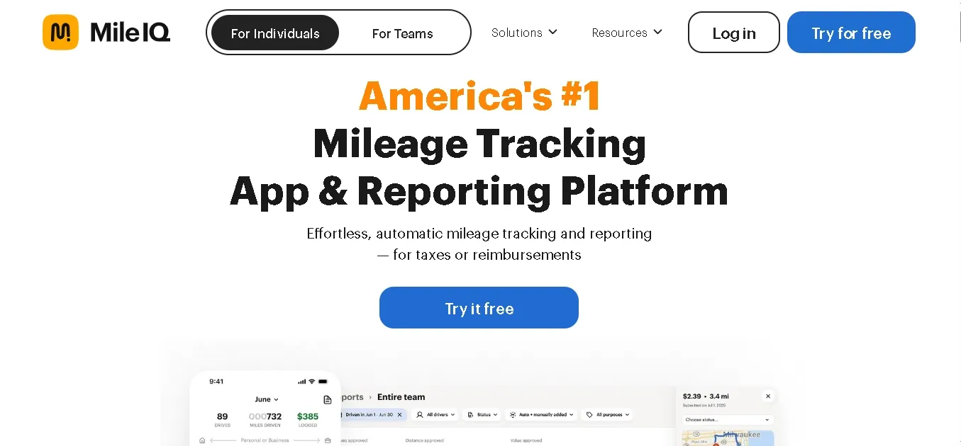 MileIQ homepage promoting automatic mileage tracking and reporting app