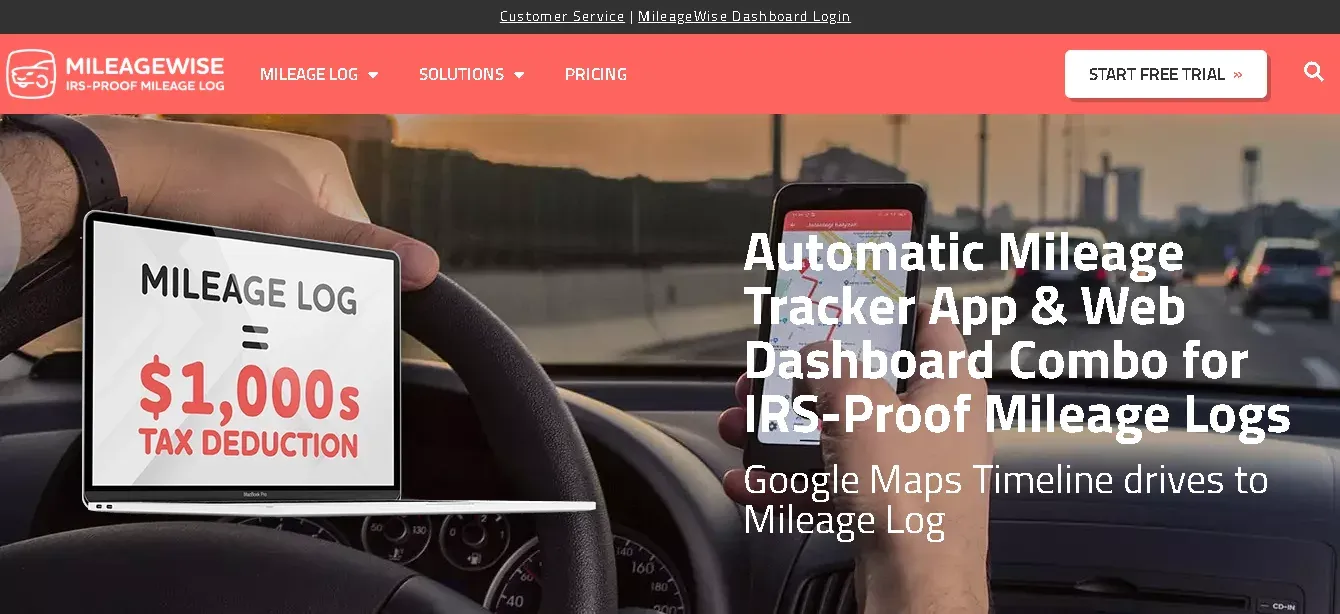 MileageWise homepage featuring automatic mileage tracker and IRS log app
