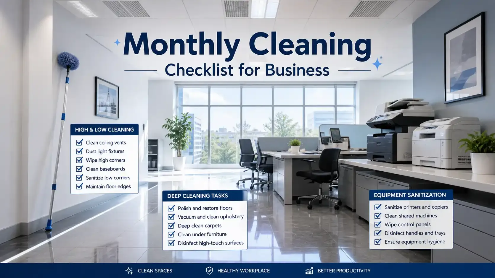 Monthly cleaning checklist in a bright, modern office with sanitized equipment