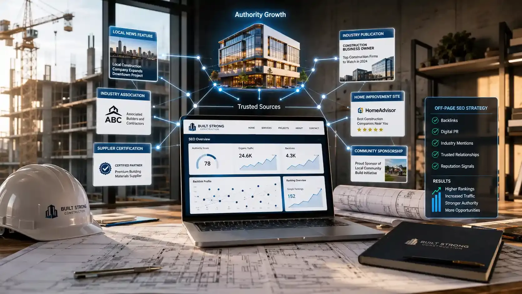 Construction company off-page SEO dashboard with backlink network visuals
