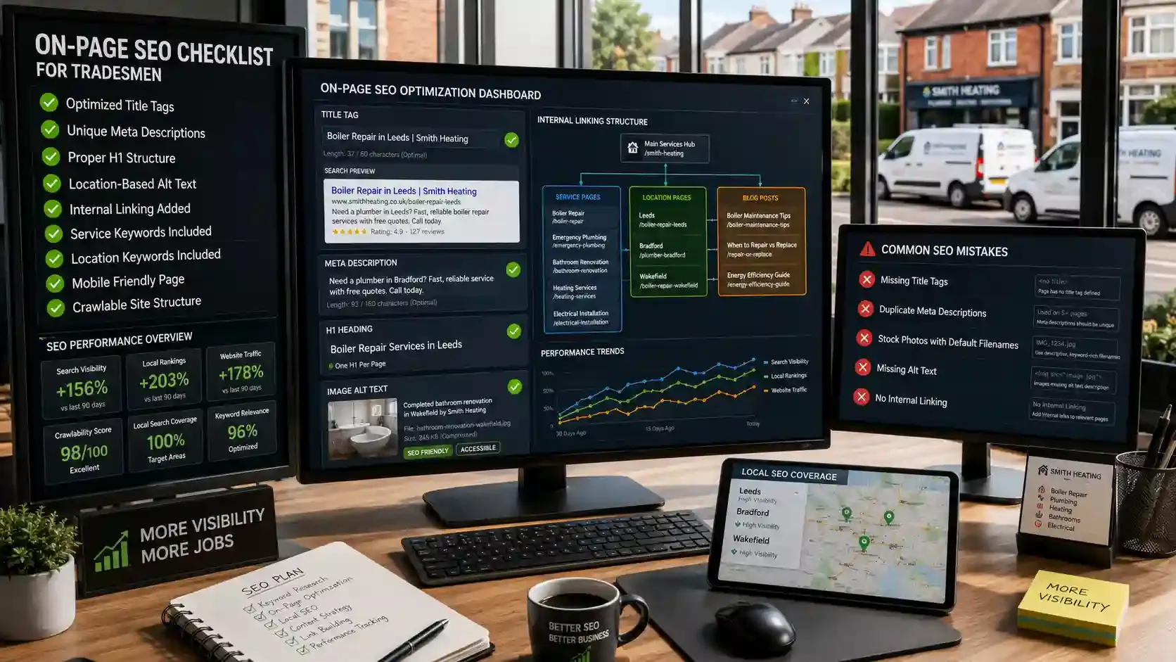 On-page SEO dashboard in modern office showing optimized website metrics