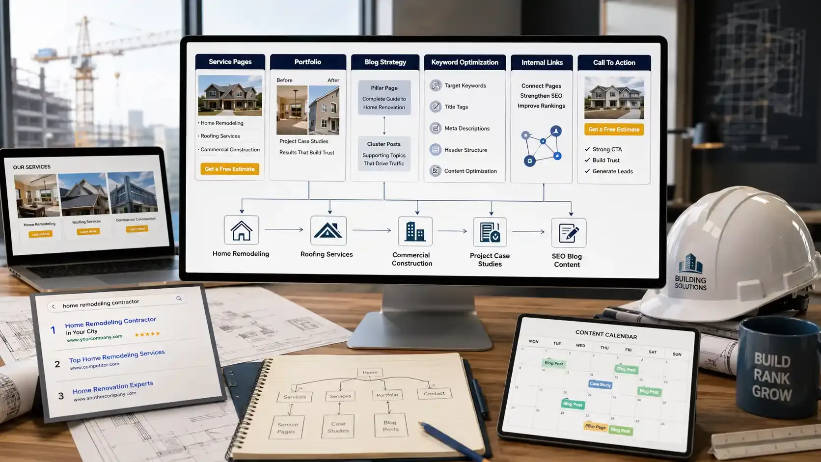 Construction SEO dashboard showing website optimization strategy and workflows