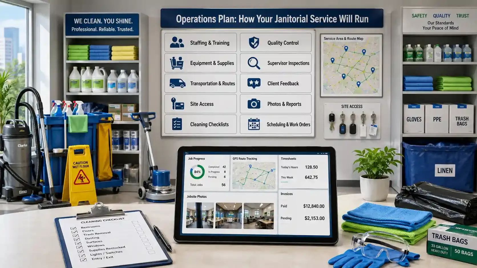 Janitorial operations board with cleaning tools and scheduling dashboard