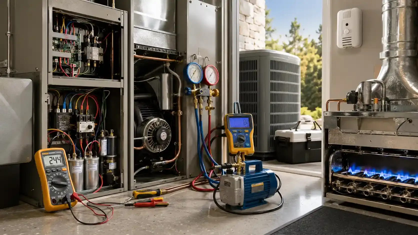 Professional HVAC system inspection setup with gauges, wiring, coils, and furnace