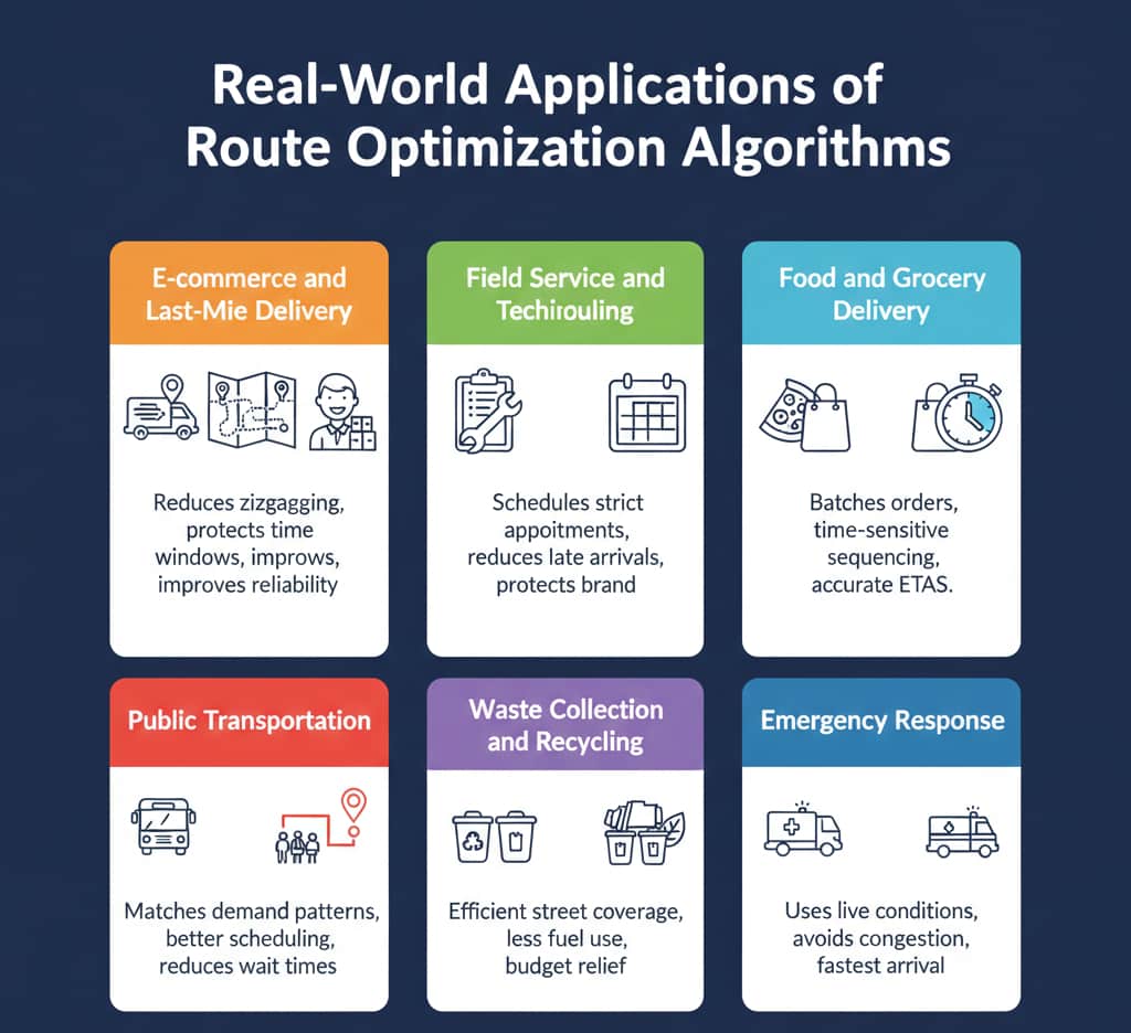 Infographic showing six industries using route optimization to improve efficiency