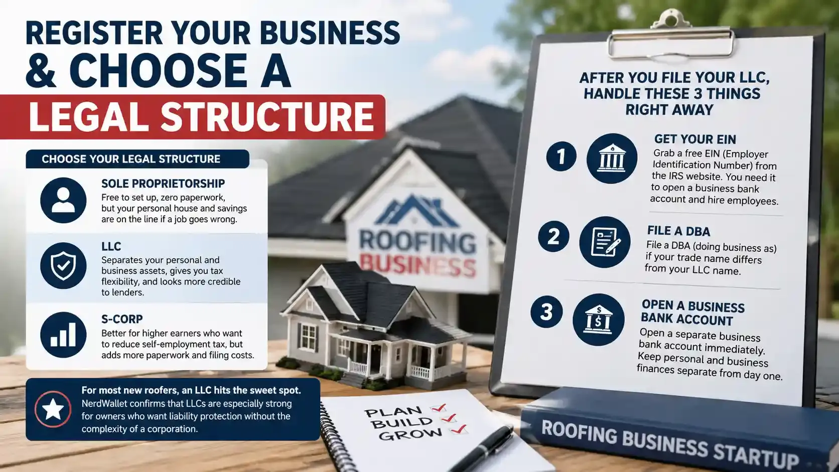 Registering a roofing business with LLC options and startup steps infographic.