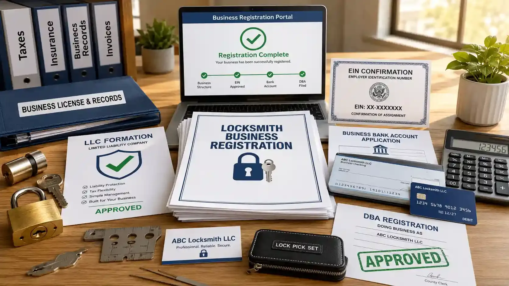 Locksmith business registration documents with LLC, EIN, and DBA paperwork 