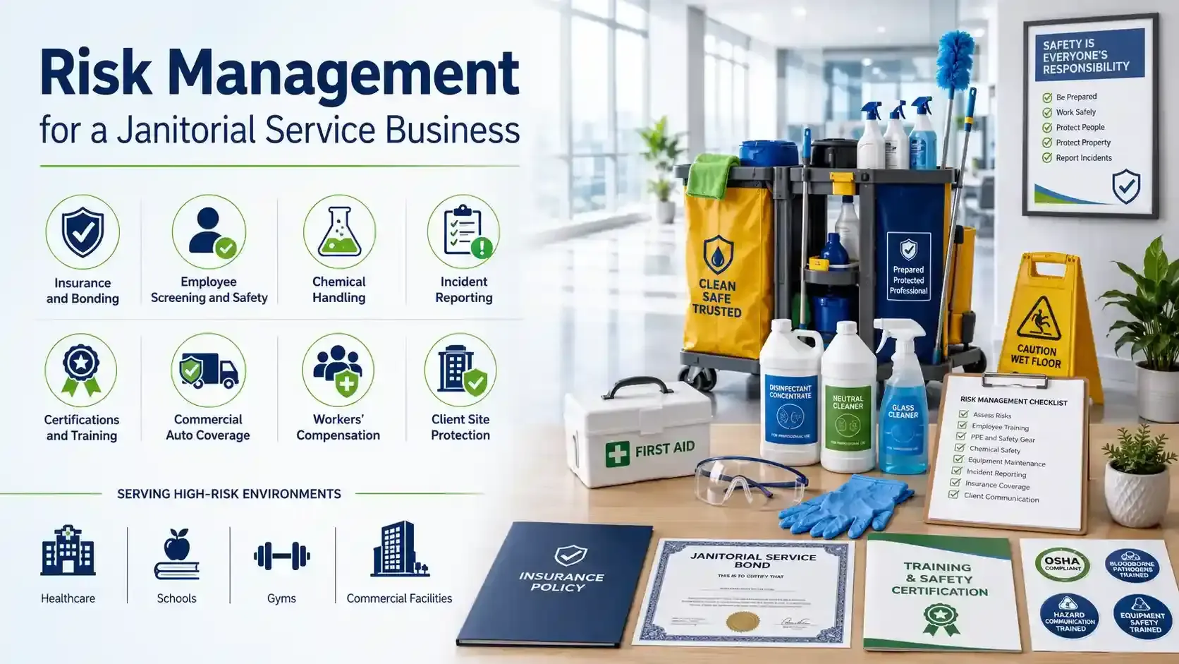 Janitorial risk management setup with safety, insurance, and training icons