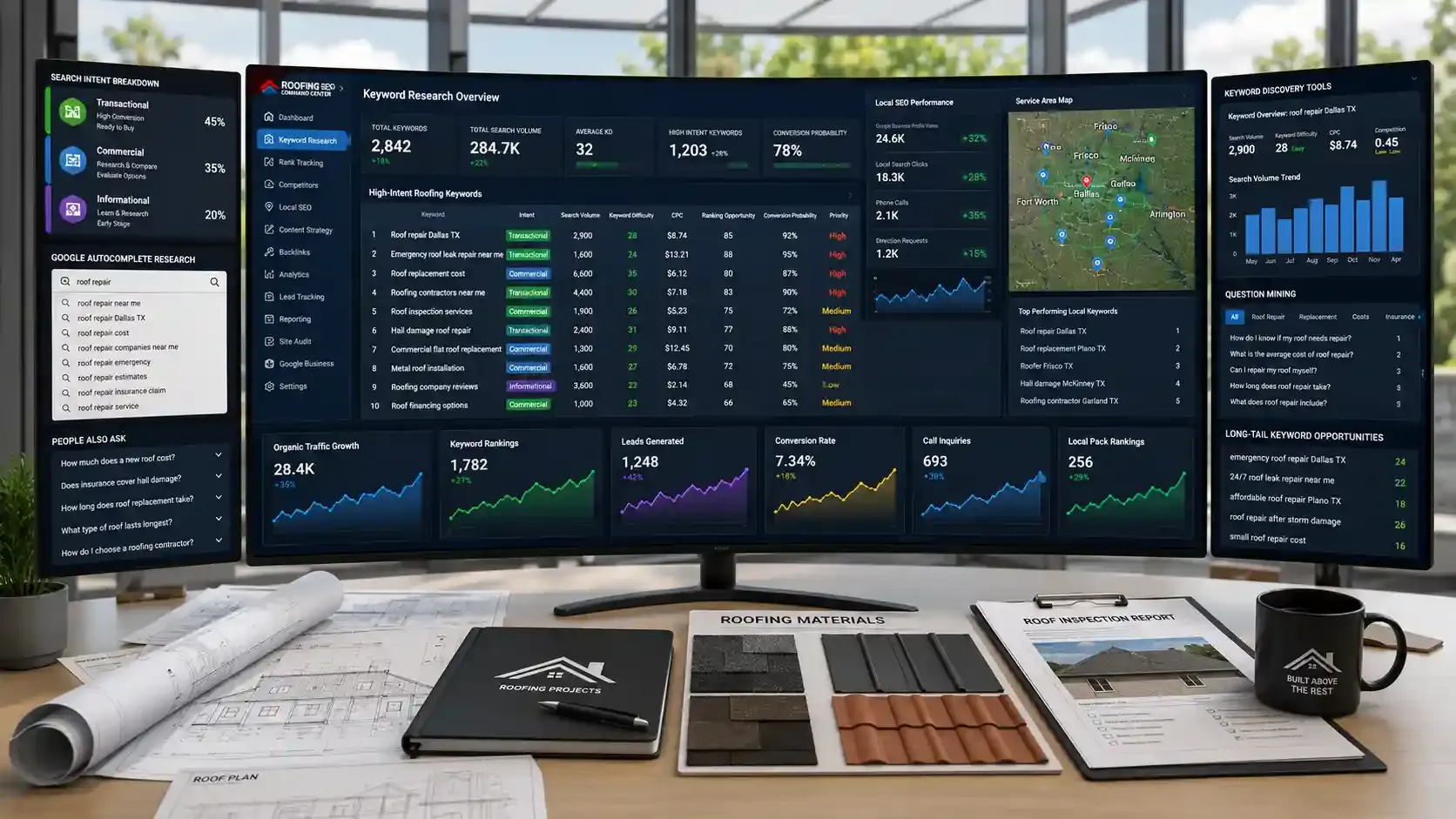 Modern SEO dashboard office showing roofing keyword research analytics