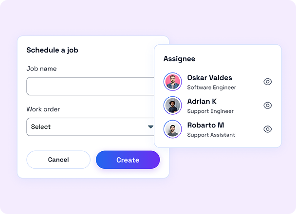 Job scheduling form with work order dropdown and assignee list, Create button UI