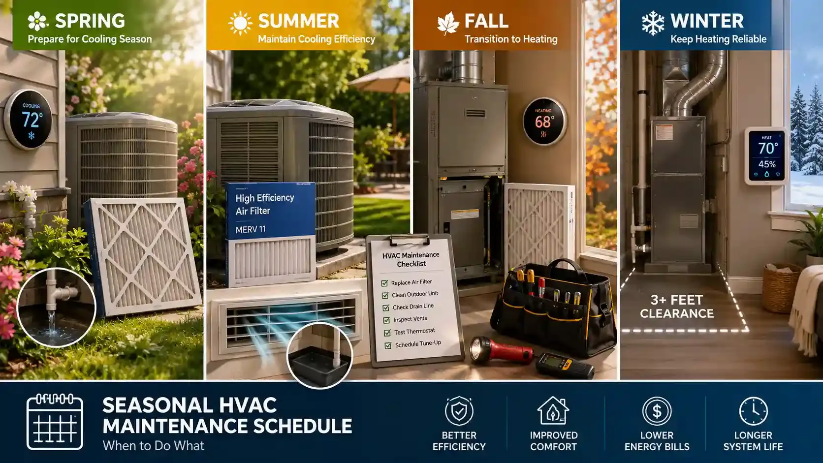 Seasonal HVAC maintenance schedule showing year-round home system care zones
