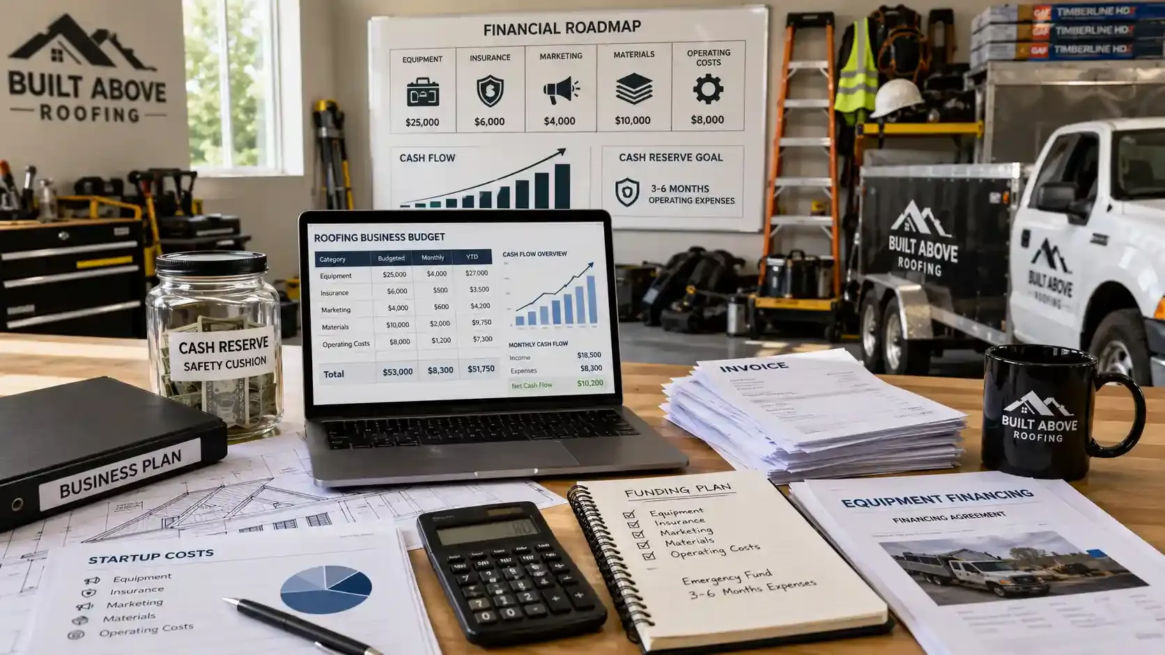 Roofing business startup budget workspace with tools, truck, and funding plan