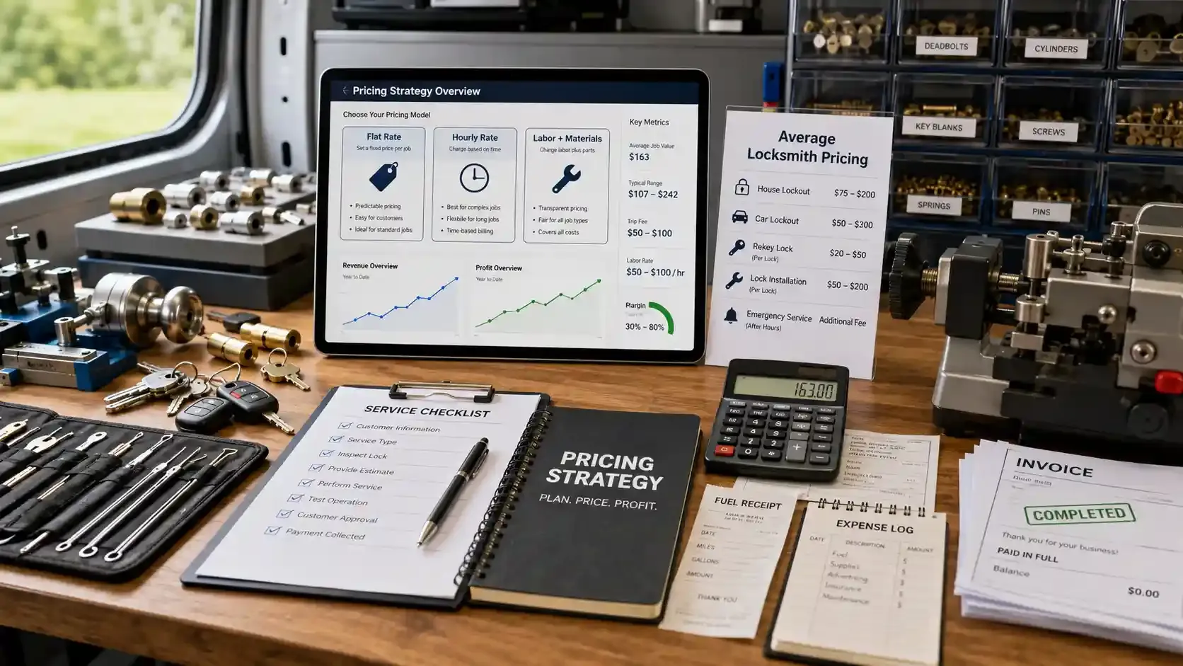 Locksmith pricing dashboard with tools, service rates, and business planning setup