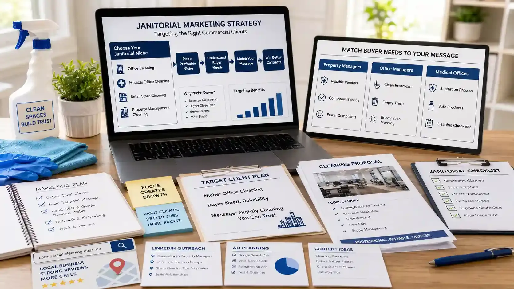 Janitorial marketing workspace showing target client strategy