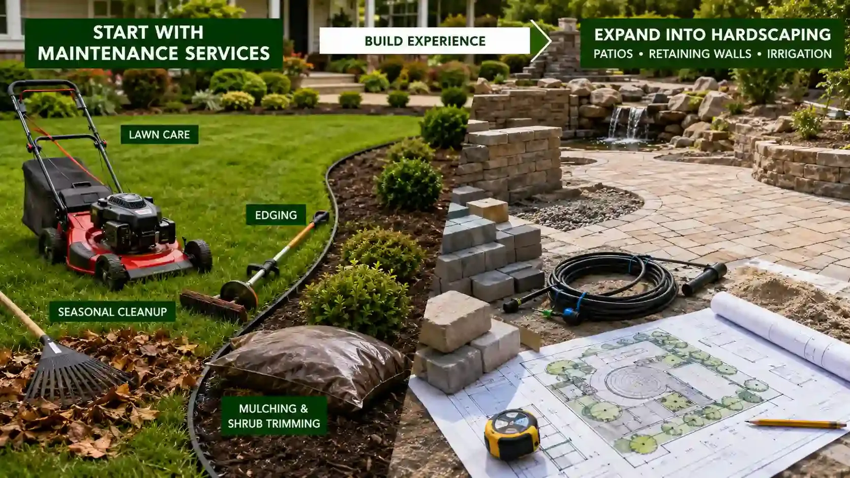 Landscaping business growth from lawn care services to hardscaping projects.